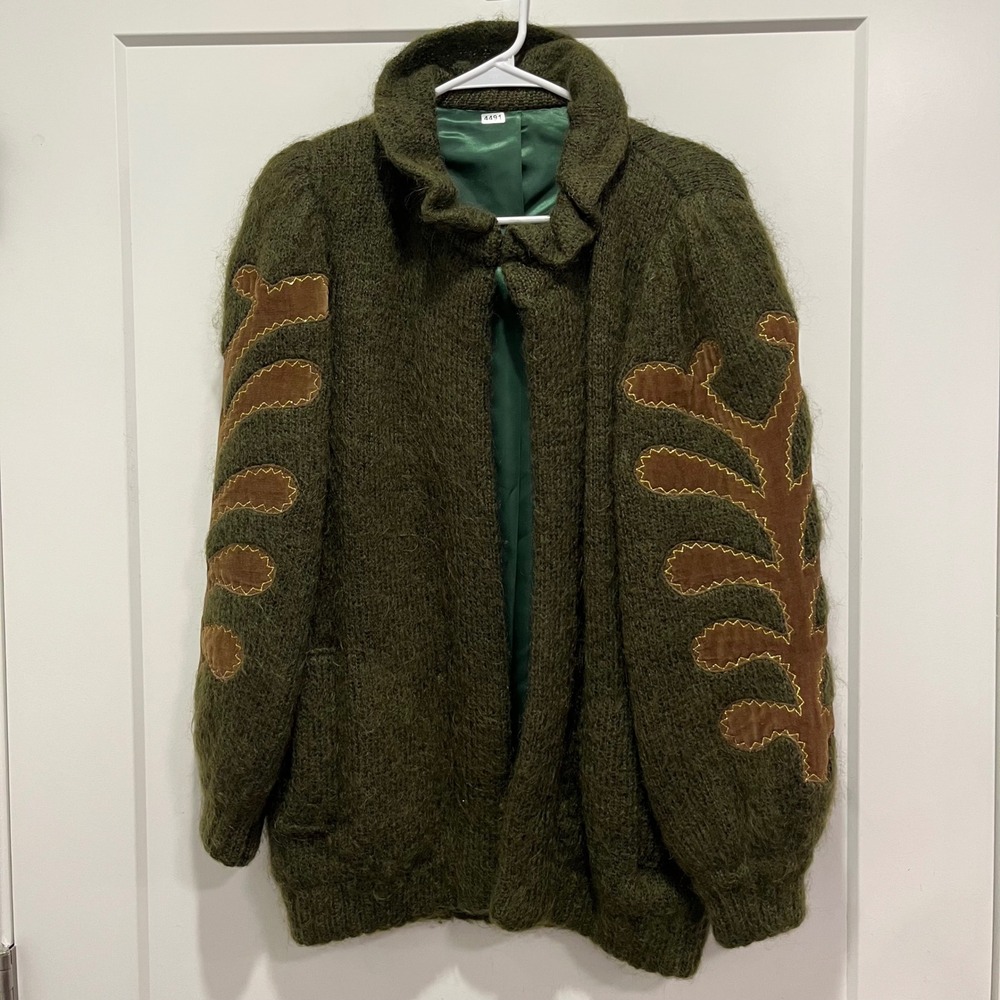 Vintage Handmade Mohair Wool Green Cardigan Suede Leaf Applique Ruffle Collar